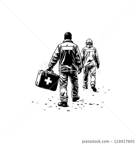 Emergency Response Team: Two Medics Walking with First Aid Kit in Black and White 128917605