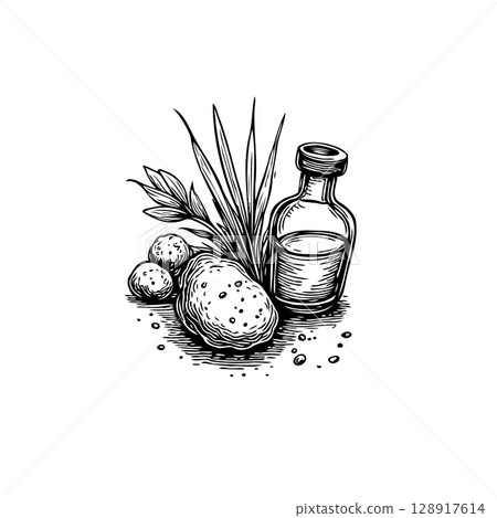 Artistic depiction of a skincare routine featuring natural elements and a bottle Artistic depiction of a skincare routine featuring natural elements and a bottle 128917614