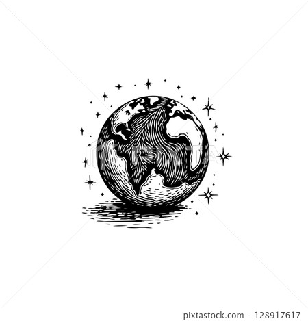 Engraved Earth Illustration: A detailed black and white depiction of planet Earth 128917617