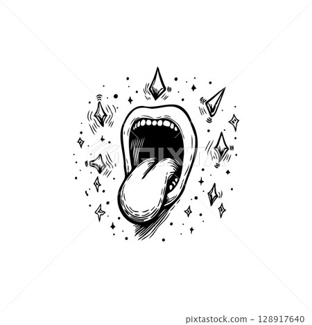 Mystical mouth with protruding tongue surrounded by geometric glittering elements Mystical mouth with protruding tongue surrounded by geometric glittering elements 128917640