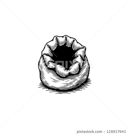 Detailed monochrome illustration of a pouch revealing a captivating dark void within 128917641