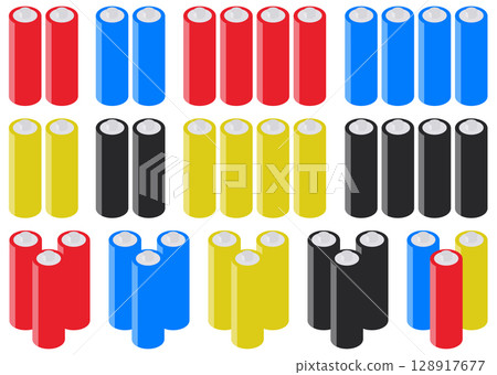 Illustrations of four-color dry cell batteries in sets of two, three, and four Illustrations of four-color dry cell batteries in sets of two, three, and four 128917677