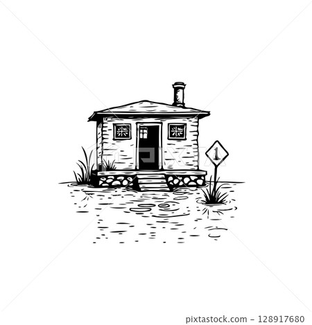 Monochrome rustic cabin sketch in a flooded landscape with warning sign 128917680