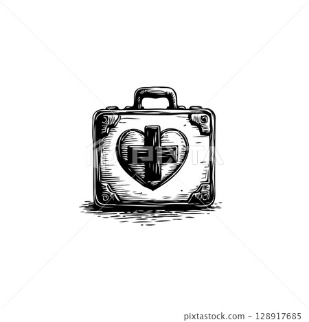 Vintage Medical Kit Illustration with Heart and Cross Symbolism in Black and White Vintage Medical Kit Illustration with Heart and Cross Symbolism in Black and White 128917685