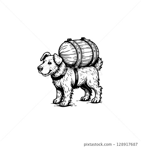 Dog carrying a barrel illustration for Saint Bernard breed concept art design 128917687