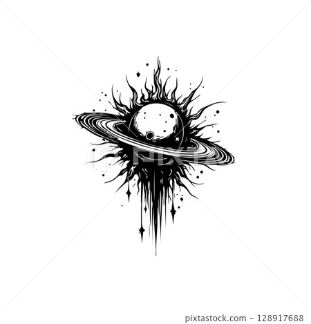 Monochrome Illustration of a Celestial Body with Rings and Ethereal Emanations 128917688