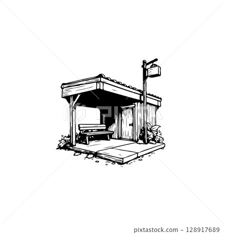 Black and White Illustration of a Simple Bus Stop with Bench and Signpost 128917689
