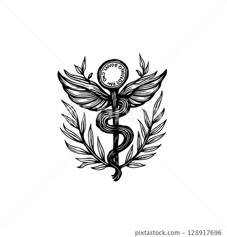 Black and white illustration of caduceus symbol with wings and laurel leaves 128917696