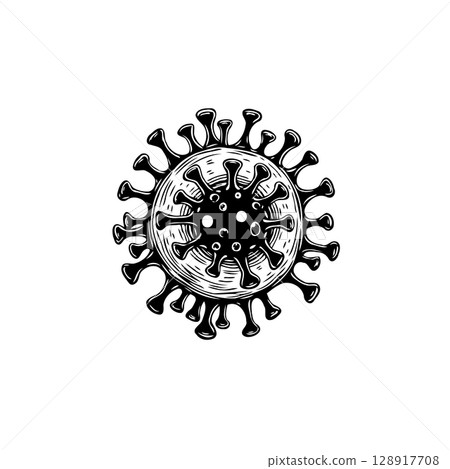 Detailed monochrome illustration of a coronavirus cell representing health concerns Detailed monochrome illustration of a coronavirus cell representing health concerns 128917708