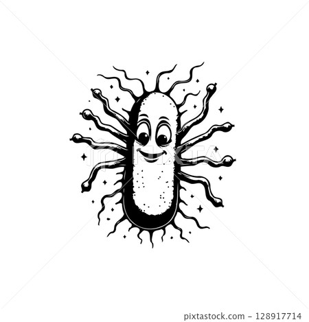 Funny Cartoon Bacteria Character with Smiling Face and Tentacles Illustration 128917714