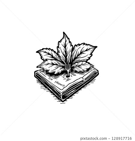 Botanical illustration: Open book and leaf symbolize knowledge and nature's wisdom 128917716