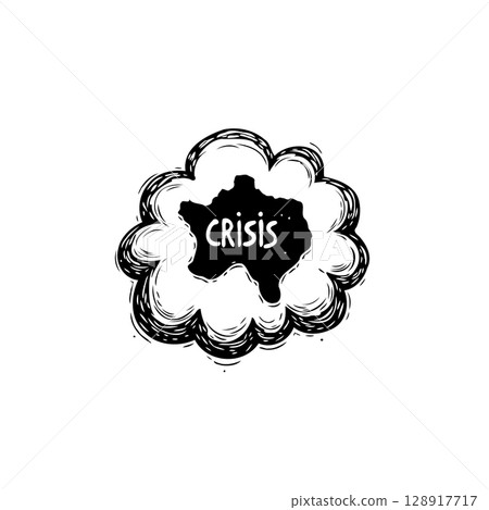 Conceptual Black and White Crisis Illustration with Stylized Cloud and Bold Text 128917717