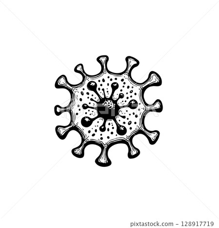 Detailed black and white illustration of the Coronavirus COVID-19 pathogen for design 128917719