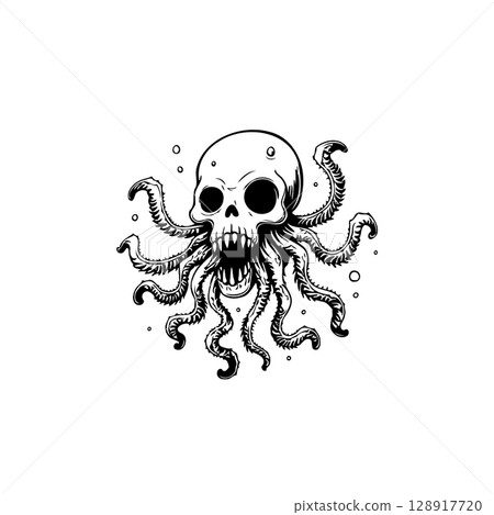 Creepy Ink Drawing of Skull Octopus Hybrid for Halloween and Horror Themes 128917720