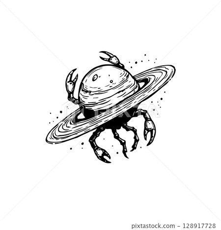 Black and White Zodiac Cancer Illustration Featuring Crab Claws and Planetary Rings 128917728