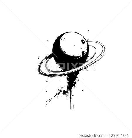 Abstract ink drawing of a planet with rings, isolated on a white background 128917795
