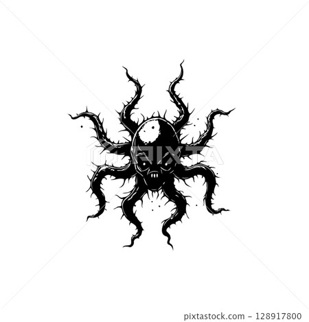 Creepy Skull Octopus Illustration with Thorny Tentacles on a White Background Creepy Skull Octopus Illustration with Thorny Tentacles on a White Background 128917800
