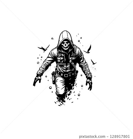 Black and white digital illustration of a hooded figure with a skull face Black and white digital illustration of a hooded figure with a skull face 128917801
