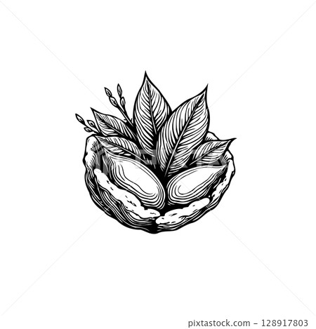 Hand-Drawn Almonds with Leaves Illustration for Nature-Inspired Designs Hand-Drawn Almonds with Leaves Illustration for Nature-Inspired Designs 128917803