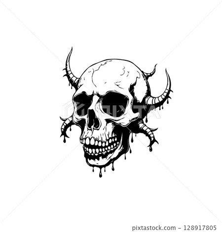 Intricate skull illustration with dripping paint and horns against a white background Intricate skull illustration with dripping paint and horns against a white background 128917805