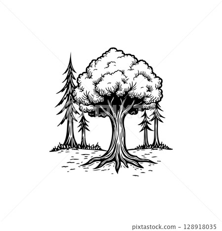 Monochrome treescape illustration showcasing nature's simplicity and timeless beauty Monochrome treescape illustration showcasing nature's simplicity and timeless beauty 128918035