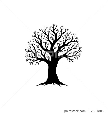 Silhouette of a bare tree against a white background offering serene simplicity 128918039
