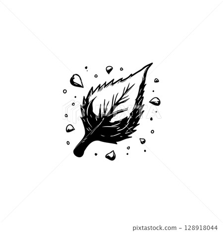 Stylized leaf with water drops, nature element in doodle sketch black and white 128918044