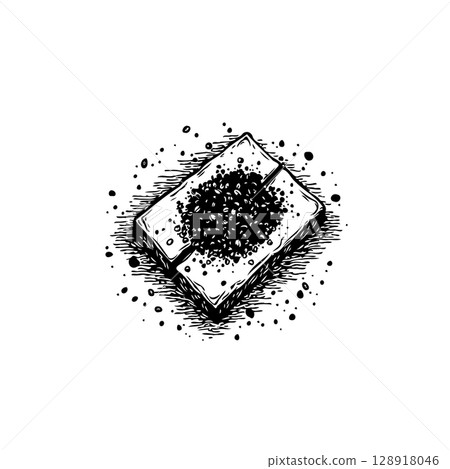 Monochrome hand-drawn illustration of ashtray filled with cigarette ash and butts Monochrome hand-drawn illustration of ashtray filled with cigarette ash and butts 128918046