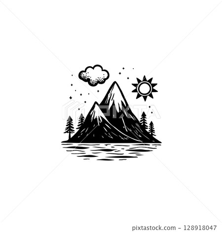 Illustrative mountains landscape with sun cloud trees in monochromatic setting Illustrative mountains landscape with sun cloud trees in monochromatic setting 128918047
