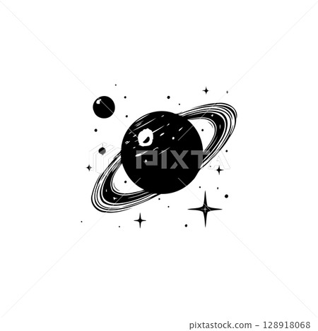 Monochrome Saturn Illustration with Celestial Elements for Space Exploration Themes 128918068