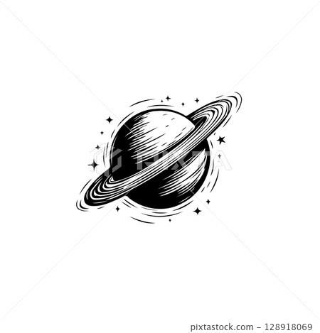 Saturn illustration in black and white minimalist vector art design style Saturn illustration in black and white minimalist vector art design style 128918069