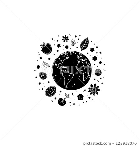 Minimalist Earth illustration surrounded by fruits, flowers, and leaves concept 128918070