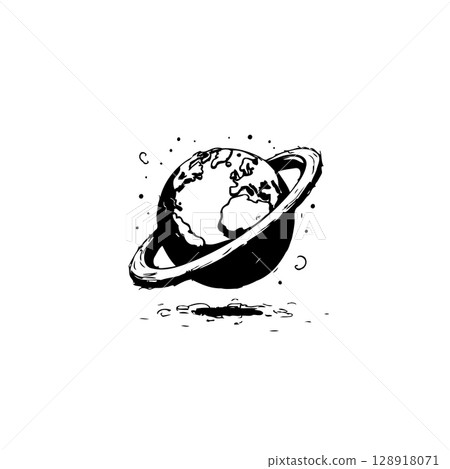 Minimalist planet with rings hand-drawn sketch illustration isolated on white background 128918071
