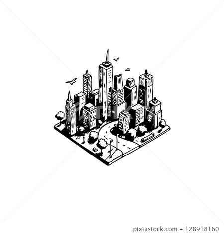Isometric city skyline drawing showcases intricate architectural details and urban design Isometric city skyline drawing showcases intricate architectural details and urban design 128918160
