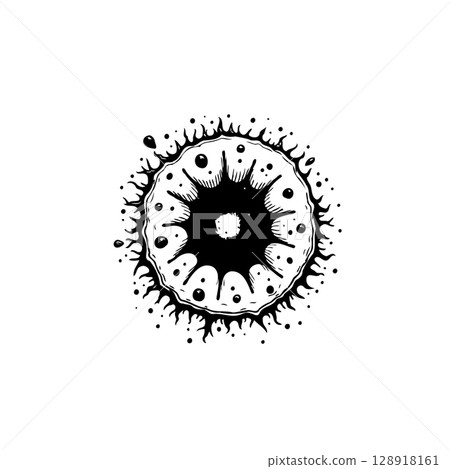 Stylized black and white circle with radial splash and dripping edges illustration 128918161