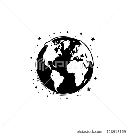 Monochrome world map illustration showcasing continents, surrounded by celestial stars Monochrome world map illustration showcasing continents, surrounded by celestial stars 128918169