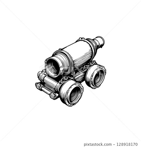 Steampunk Cannon Illustration in Detailed Line Art Style on Clean White Background 128918170