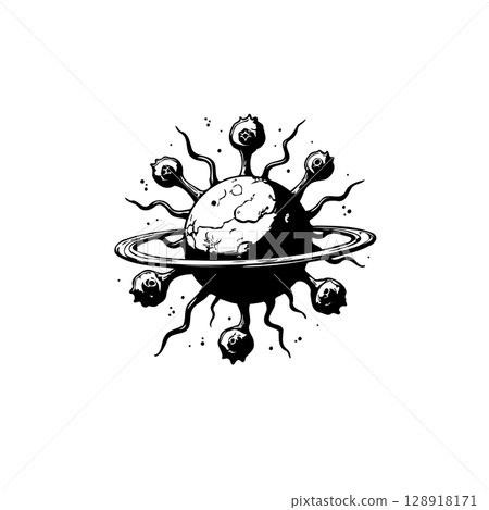 Surreal depiction of an alien planet adorned with strange tendrils and ring Surreal depiction of an alien planet adorned with strange tendrils and ring 128918171