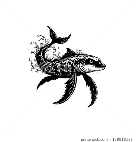 Detailed black and white illustration of a fantastical fish creature drawing Detailed black and white illustration of a fantastical fish creature drawing 128918181