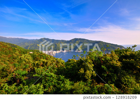 中部地區、伊豆半島、出合岬、從瞭望台看到的清爽景色、戶田港及戶田街道、靜岡縣沼津市戶田市（1） 128918209
