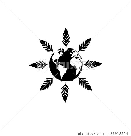 Black and white conceptual illustration of the Earth with feather-shaped decorations Black and white conceptual illustration of the Earth with feather-shaped decorations 128918234
