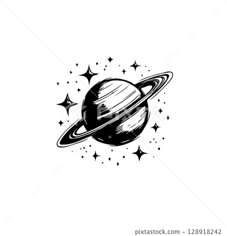 Saturn's ringed beauty: A minimalist cosmic illustration in black and white 128918242