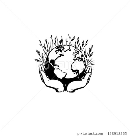 Minimalist Illustration of Hands Holding Earth Surrounded by Plants for Environmental Concepts Minimalist Illustration of Hands Holding Earth Surrounded by Plants for Environmental Concepts 128918265