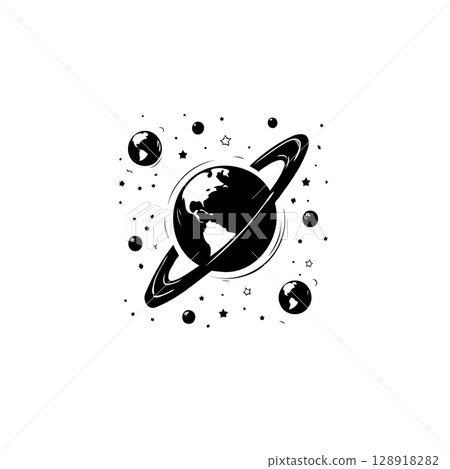 Cosmic planet adventure: Black and white vector illustration of a ringed globe 128918282