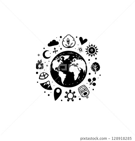 Stylized Earth Surrounded by Environmental and Health Icons in Black and White Stylized Earth Surrounded by Environmental and Health Icons in Black and White 128918285