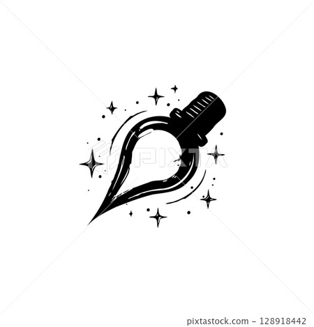 Enchanting black and white drawing of a magic potion bottle surrounded by stars Enchanting black and white drawing of a magic potion bottle surrounded by stars 128918442