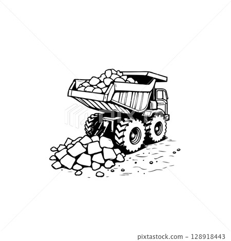 Black and White Illustration of a Heavy-Duty Dump Truck Carrying Rocks Black and White Illustration of a Heavy-Duty Dump Truck Carrying Rocks 128918443