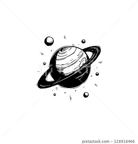 Saturn's Dance: A Black and White Ink Drawing of the Ringed Planet and Satellites Saturn's Dance: A Black and White Ink Drawing of the Ringed Planet and Satellites 128918466