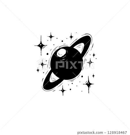 Minimalist Space Illustration: Saturn and Stars in Black and White Aesthetic Design 128918467
