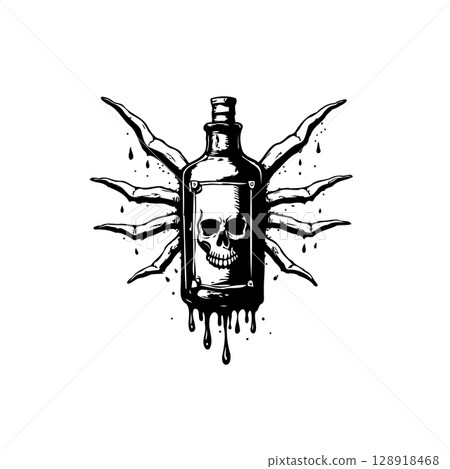 Spooky skull bottle with spider legs illustration for halloween or gothic design 128918468